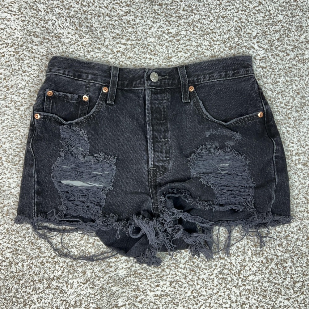 Levis 501 Shorts Womens Medium Black High Rise Distressed Denim Cutoff Festival